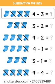 Educational math children game. Subtraction with cartoon colorful sock. Matching game.