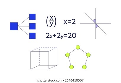 Equações matemáticas educativas e formas geométricas conjunto de objetos de desenho 2D. Álgebra matemática, notação educacional CTEM elementos isolados clipes vetoriais planos em branco. Coleção de ilustrações especiais