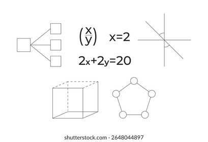 Equações matemáticas educacionais e formas geométricas conjunto de objetos de linha 2D. Álgebra matemática, notação educacional STEM cliparts isolados itens de contorno de tinta vetorial. Coleção de ilustrações pontuais monocromáticas