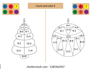 Educational math exercise. Count and color toys. Vector illustration.