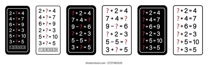 Conjunto de tarjetas didácticas de matemáticas para niños, práctica de sumas y restas con números y signos de interrogación faltantes.