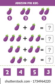 Educational math game for children. Addition for kids. Cute cartoon purple eggplant. Printable worksheet.