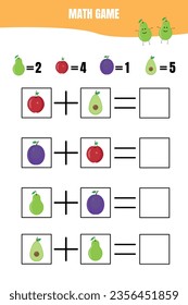 Educational math game for children. Addition worksheet for preschool or elementary kids. Learning math.