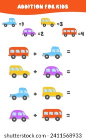 Educational math game for children. Addition for children with colorful cars. Solve the equations. A set of multi-colored cars in a cartoon style.