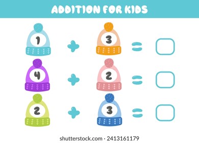 Educational math game for children. Addition for children with colorful hats. Solve the equations. Set of multi-colored hats in cartoon style.