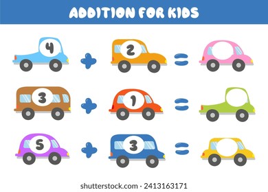 Educational math game for children. Addition for children with colorful cars. Solve the equations. A set of multi-colored cars in a cartoon style.Educational cards for children.