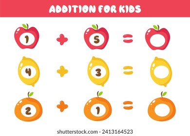 Educational math game for children. Addition for children with colorful fruits. Solve the equations. Set of colorful fruits in cartoon style.Educational cards for children.