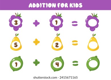 Educational math game for children. Addition for children with colorful fruits. Solve the equations. A set of multi-colored fruits in a cartoon style. Educational cards for children.