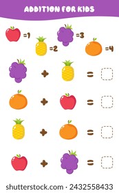 Educational math game for children. Addition for children with colorful fruits. Solve the example. A set of multi-colored fruits in a flat style. Educational cards for children