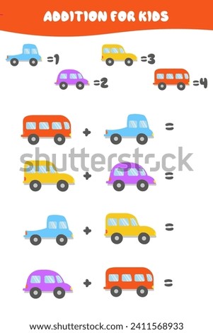 Educational math game for children. Addition for children with colorful cars. Solve the equations. A set of multi-colored cars in a cartoon style.