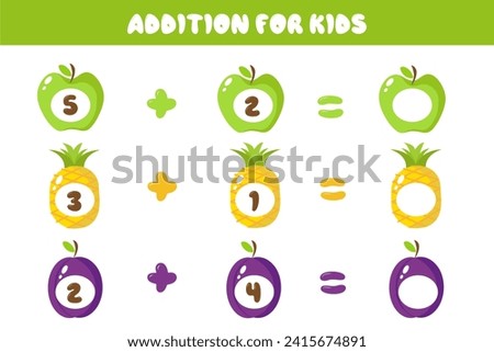 Educational math game for children. Addition for children with colorful fruits. Solve the equations. A set of multi-colored fruits in a cartoon style. Educational cards for children.