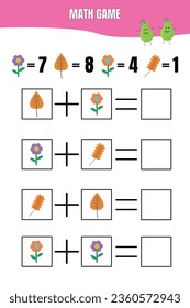 Educational math game for children. Printable worksheet for preschool, kindergarten or elementary kids. Learning math. Addition page.