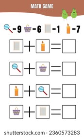 Educational math game for children. Printable worksheet for preschool, kindergarten or elementary kids. Learning math. Addition page.