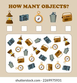 Educational math game. Count how many items. Find flask, compass, radio, camera and lamp. Developmental workbook.