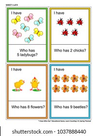 Educational math game - I Have Who Has - for group of young learners (classroom, kids party). Sheet 1 of 9. Learn, reinforce, subitize counting from 1 to 9. Spring or summer themed. 