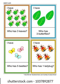 Educational math game - I Have Who Has - for group of young learners (classroom, kids party). Sheet 2 of 9. Learn, reinforce, subitize counting from 1 to 9. Spring or summer themed. 