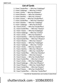 Educational math game - I Have Who Has - for group of young learners (classroom, kids party). Sheet 9 of 9. Learn, reinforce, subitize counting from 1 to 9. Spring or summer themed. List of cards.
