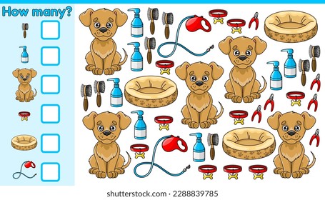 Educational math game How many. Puzzle for children. Search match objects, count and write the number. Activity for preschool and school kids. Cartoon puppies, dog accessories. Vector illustrations.