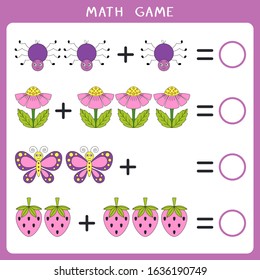 Educational math game for kids. Add and write the result. Vector illustration