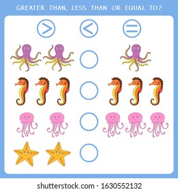 Educational math game for kids. Choose greater than, less than or equal to. Vector worksheet