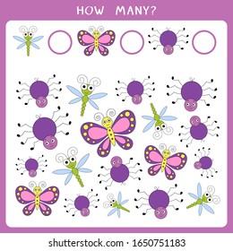 Educational math game for kids. Count how many insects and write the result. Vector illustration