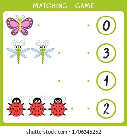 Juego educativo de matemáticas para niños. Cuenta cuántos insectos y conéctate con el número. Ilustración del vector