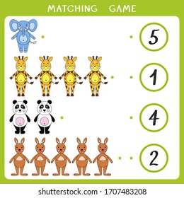 Educational math game for kids. Count how many animals and connect with number. Vector worksheet