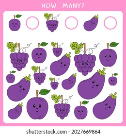 Educational math game for kids. Count how many plum, grapes and eggplant and write the result. Vector worksheet