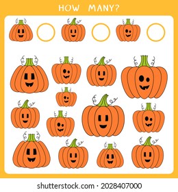 Educational math game for kids. Count how many pumpkin and write the result. Vector worksheet