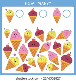 Educational math game for kids. Count how many ice cream and write the result. Vector worksheet