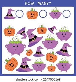 Educational Math Game For Kids. Count How Many Halloween Symbols And Write The Result. Vector Worksheet