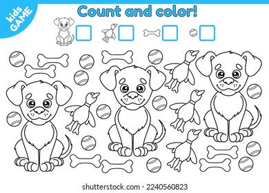 Educational math game for kids. Count how many dogs and dog toys and write down the result. Coloring page with cartoon dog and dog toys. Vector illustration.