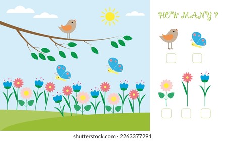 Educational math game for kids. Count how many objects are in the picture. Spring forest, bird, butterflies and flowers.