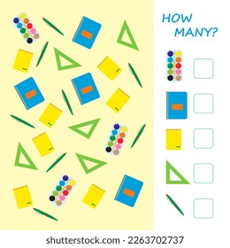 Educational math game for kids. Count how many objects are in the picture. Illustration with stationery.