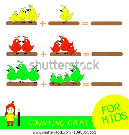 Educational math game for kids. Count how many birds of a certain color sit on the crossbar.