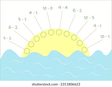 Educational math game for kids. Fill in the empty circles, write the answers to the examples.