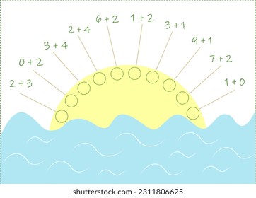 Educational math game for kids. Fill in the empty circles, write the answers to the examples.