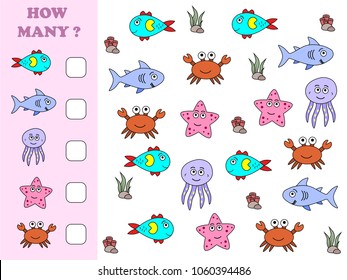 Educational Math Game For Preschool Children. How Many Objects Task. Counting Game For Kids. Kids Activity Sheet.