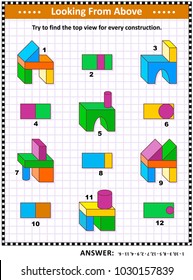 Educational math puzzle: Find the top view for each of the toy building blocks structures. Answer included.