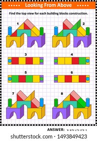 Educational math puzzle: Find the top view for each building blocks construction. Answer included.