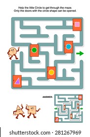 Educational math puzzle: Help the little circle to get through the maze. Only the doors with circle shape can be opened. Answer included. 