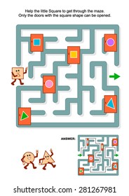 Educational math puzzle: Help the little square to get through the maze. Only the doors with square shape can be opened. Answer included. 