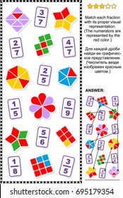 Educational math puzzle for learning and teaching fractions: Match each fraction to its proper visual representation. Answer included.
