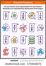 Educational math puzzle: Match each fraction to its proper visual, or pictorial, representation.  Answer included.