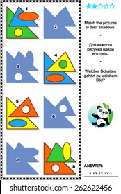 Educational math visual puzzle, basic shapes learning themed: Match the pictures to their shadows. Answer included.
