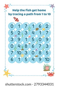 Educational math worksheet features fish tracing numbers, learning sequential numbers helps preschool children build logical thinking, tracing numbers provides great interactive fun.