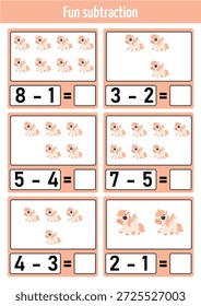 Hoja de trabajo de matemáticas educativas para niños con lindos unicornios para practicar tareas de recuento y sustracción actividad preescolar imprimible para aprender matemáticas básicas y habilidades lógicas en el jardín de infantes