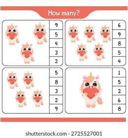 Planilha de matemática educacional para as crianças praticarem contagem de correspondência e subtração com unicórnios fofos atividade pré-escolar imprimível para aprender matemática básica e habilidades lógicas para o jardim de infância