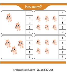 Lernende Mathematik Arbeitsblatt für Kinder zu üben Zählung Übereinstimmung und Subtraktion mit niedlichen Einhörner druckbare Vorschulaktivität für das Lernen grundlegende Mathematik und Logik Fähigkeiten für Kindergarten