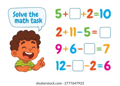 Educational math worksheet for kids with simple equations and a cute cartoon boy. Fun learning activity designed to practice addition and subtraction while developing early math skills. Funny vector illustration
